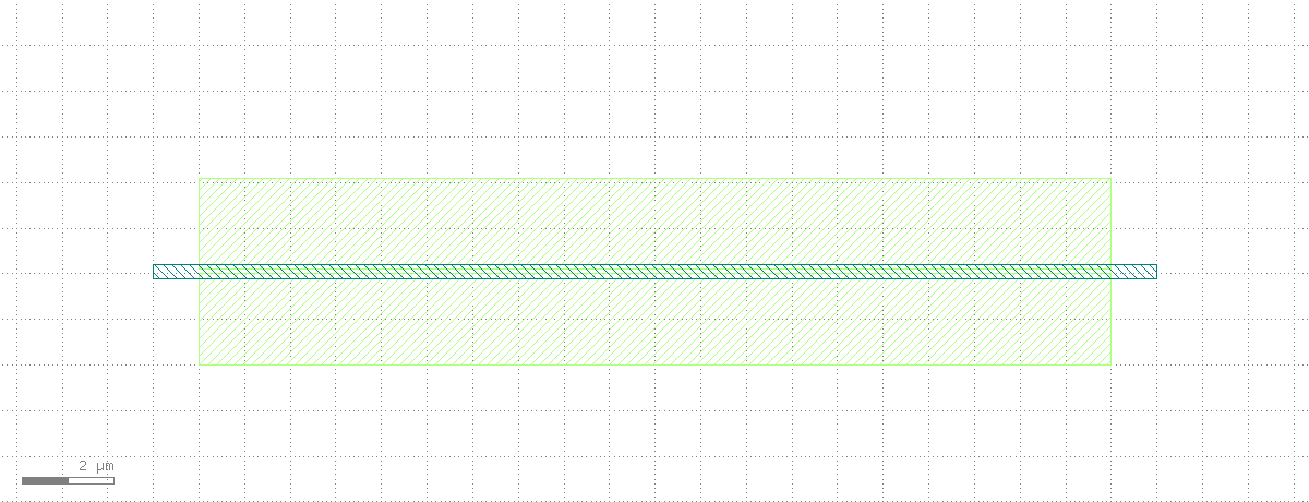 DRC violation marker: blue hatched highlight box over the 0.1um gap between the two metal lines