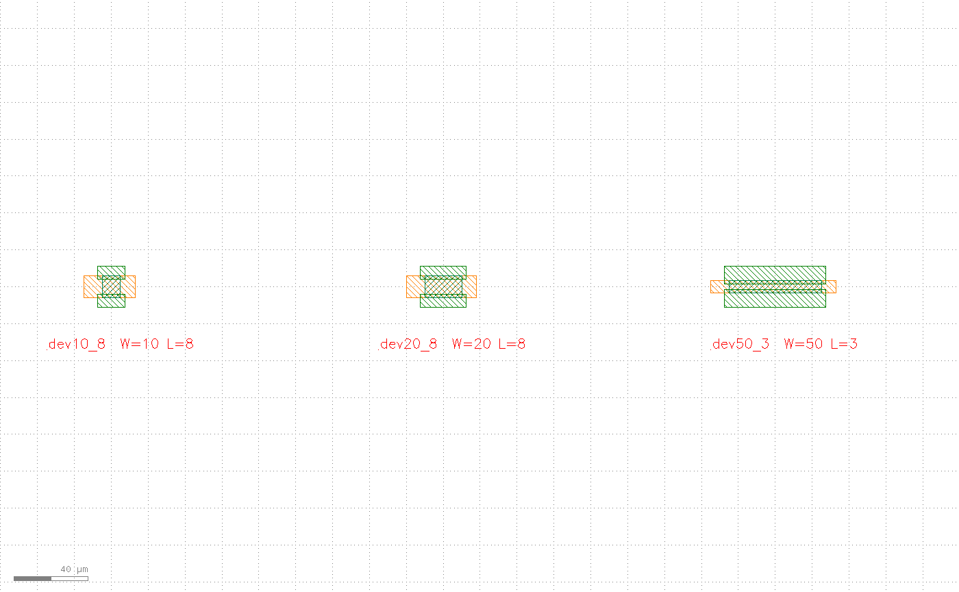 Three device variants drawn from the same PCell, dev10_8, dev20_8, dev50_3, each a different size, with an orange gate plate, green source/drain, and a hatched channel