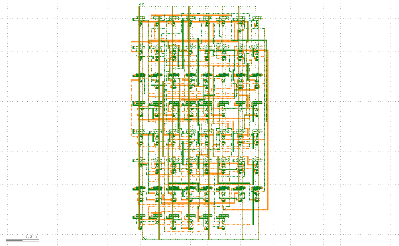 Fully routed 8x8 device array: green horizontal traces and orange/grey vertical traces fill the row channels, with a power ring around the whole array labeled GND at top and VDD at bottom
