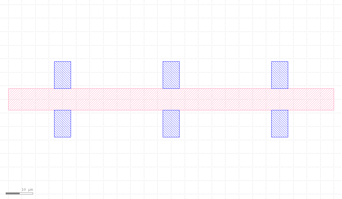 Centered pink mesa bar with three metal contacts on top and three on the bottom, live KLayout screenshot
