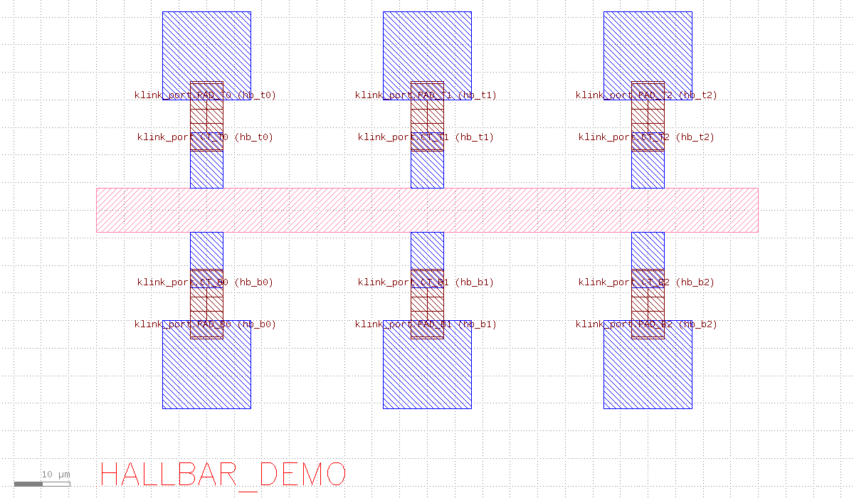 Full Hall bar device overview: mesa, 6 contacts, 6 pads, 6 routed traces and the device label, live KLayout screenshot