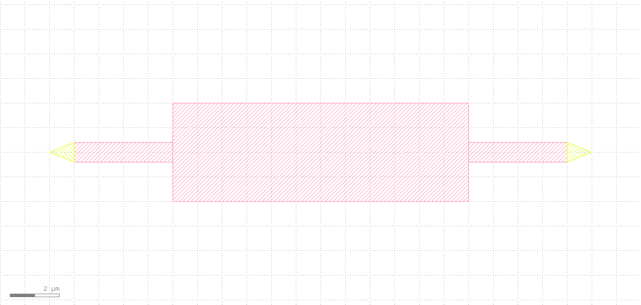 A pink custom device with a thin waveguide on each side, each waveguide end has a yellow triangle pointing left and right respectively