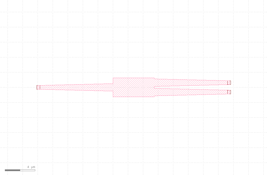 A gdsfactory MMI 1x2 splitter: input taper on the left, MMI body in the middle, two output tapers on the right, three ports auto-marked