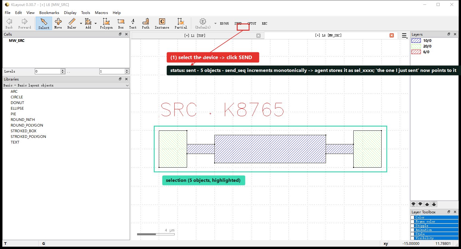 The K8765 window; the SEND button is boxed in red with an arrow to a label, and the device on the canvas is boxed in teal marked as 5 selected objects