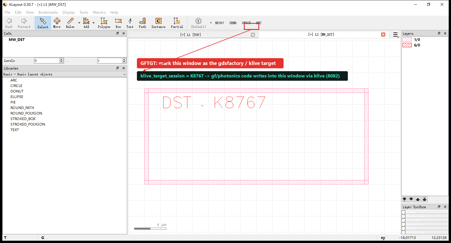 The K8767 window; the GFTGT button is boxed in red with an arrow to an explanatory label