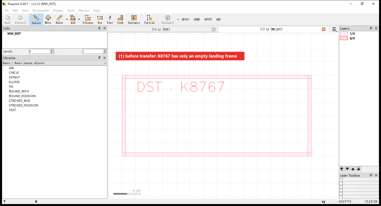 The K8767 window with only an empty pink landing frame and the text DST·K8767, no device inside