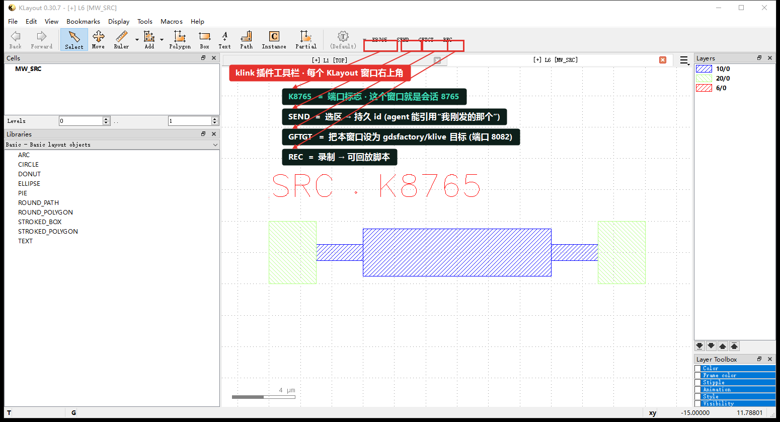 KLayout 窗口顶部工具栏，右侧的 K8765、SEND、GFTGT、REC 四个控件被红框圈出，各自连一条箭头指向说明标签